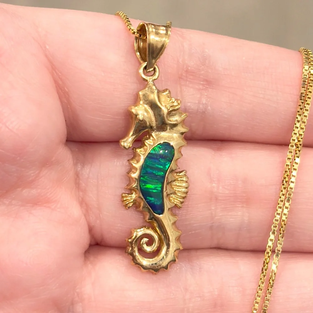 14K Opal Seahorse Pendant, Green Blue Lab Inlay Nautical Aquatic Luxury Piece - Picture 1 of 13